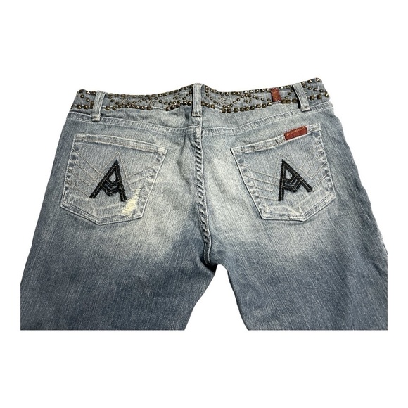 7 For All Mankind Flare Sz 28 Blue Studded Waist Distressed dark Havana jeans - Picture 5 of 13